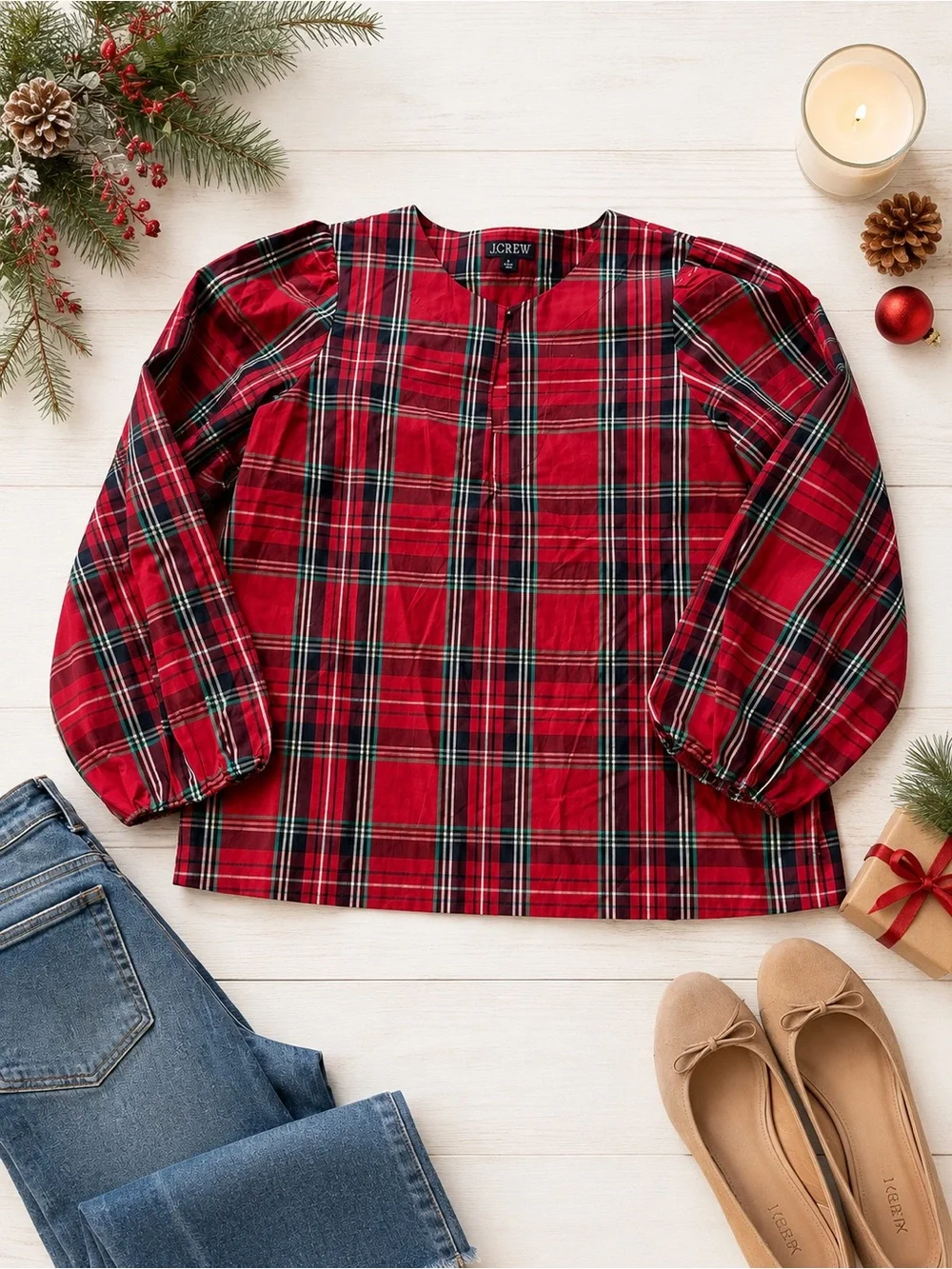 j crew christmas plaid Blouse Shirt sz Med (g15)